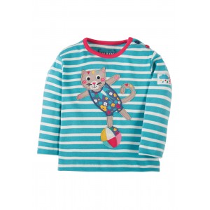 Frugi Button Appique top Aqua Cat